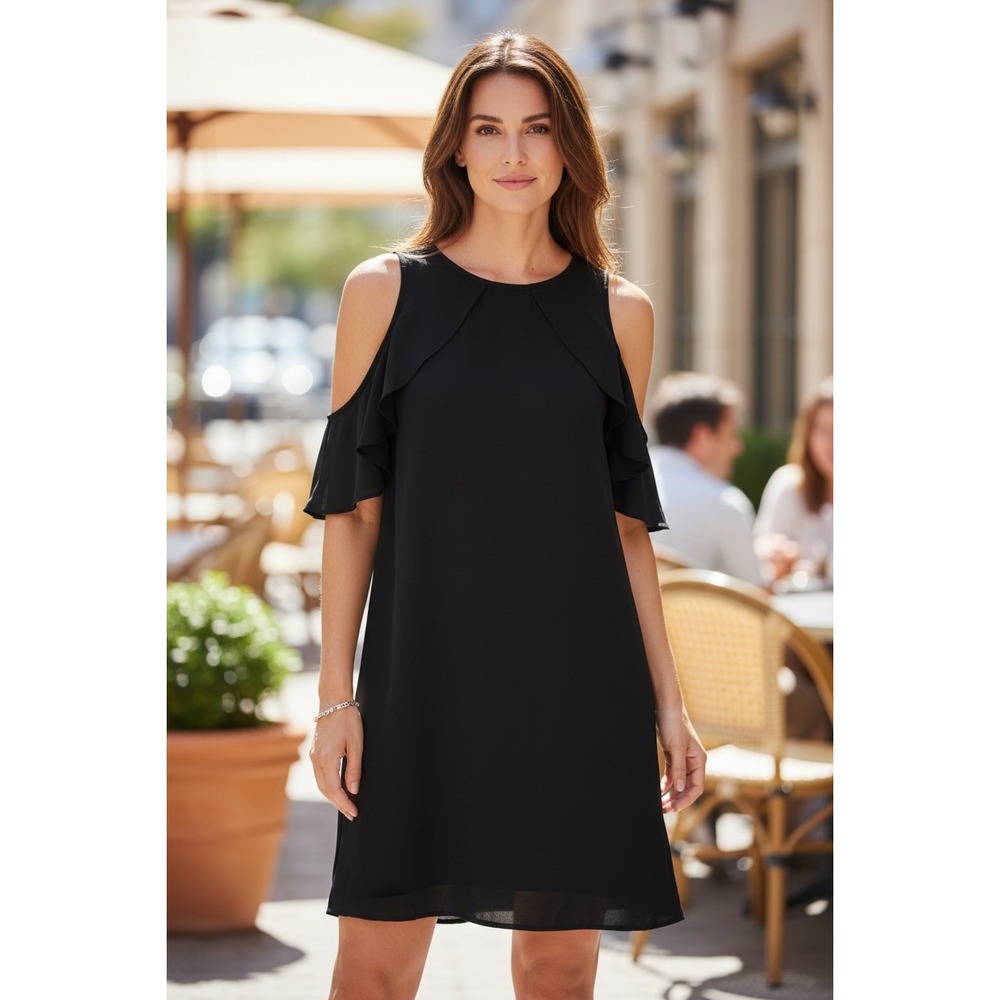 TCEC Black Cold Shoulder Ruffle Sleeve Shift Dress Medium